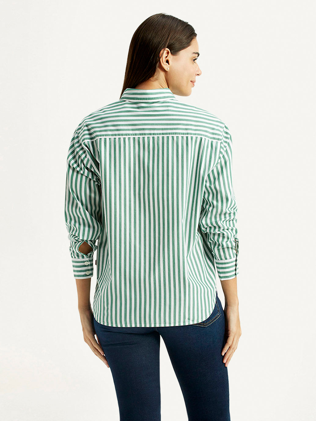 Women's Striped Green Relaxed Fit Poplin Shirt - Back View
