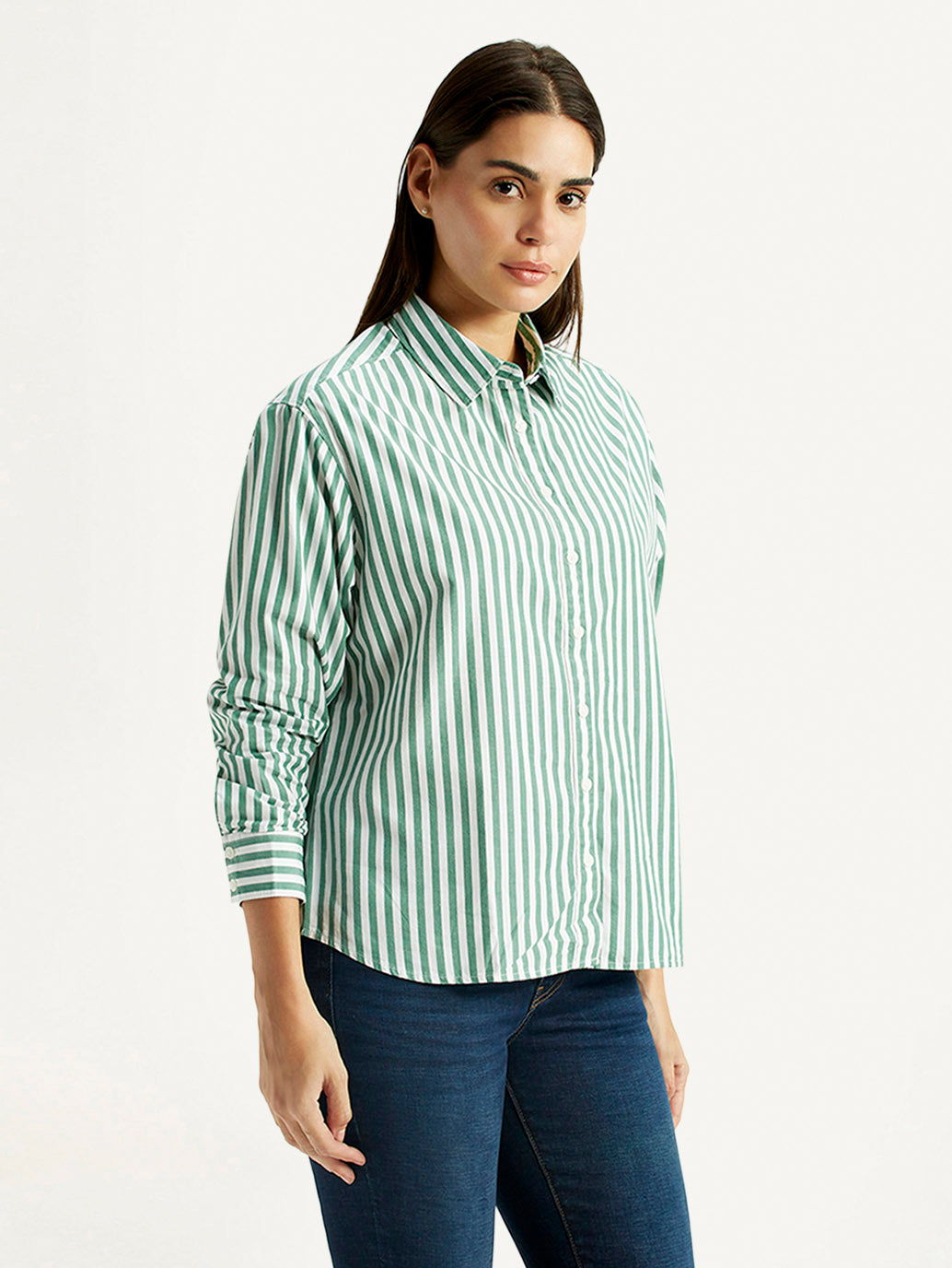 Women's Striped Green Relaxed Fit Poplin Shirt - Side View