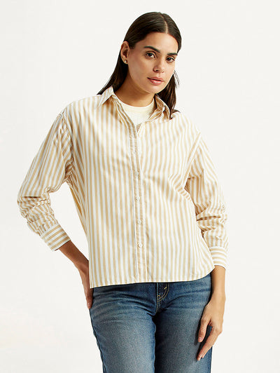 Women's Striped Beige Relaxed Fit Poplin Shirt