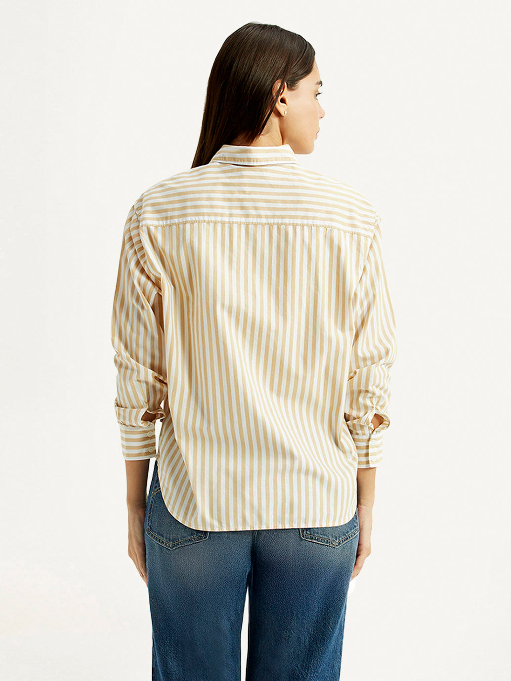 Women's Striped Beige Relaxed Fit Poplin Shirt - Back View