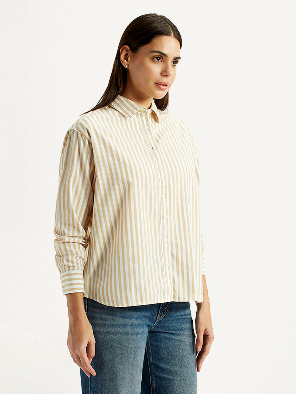 Women's Striped Beige Relaxed Fit Poplin Shirt - Side View