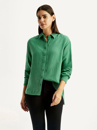 Women's Textured Green Relaxed Fit Shirt