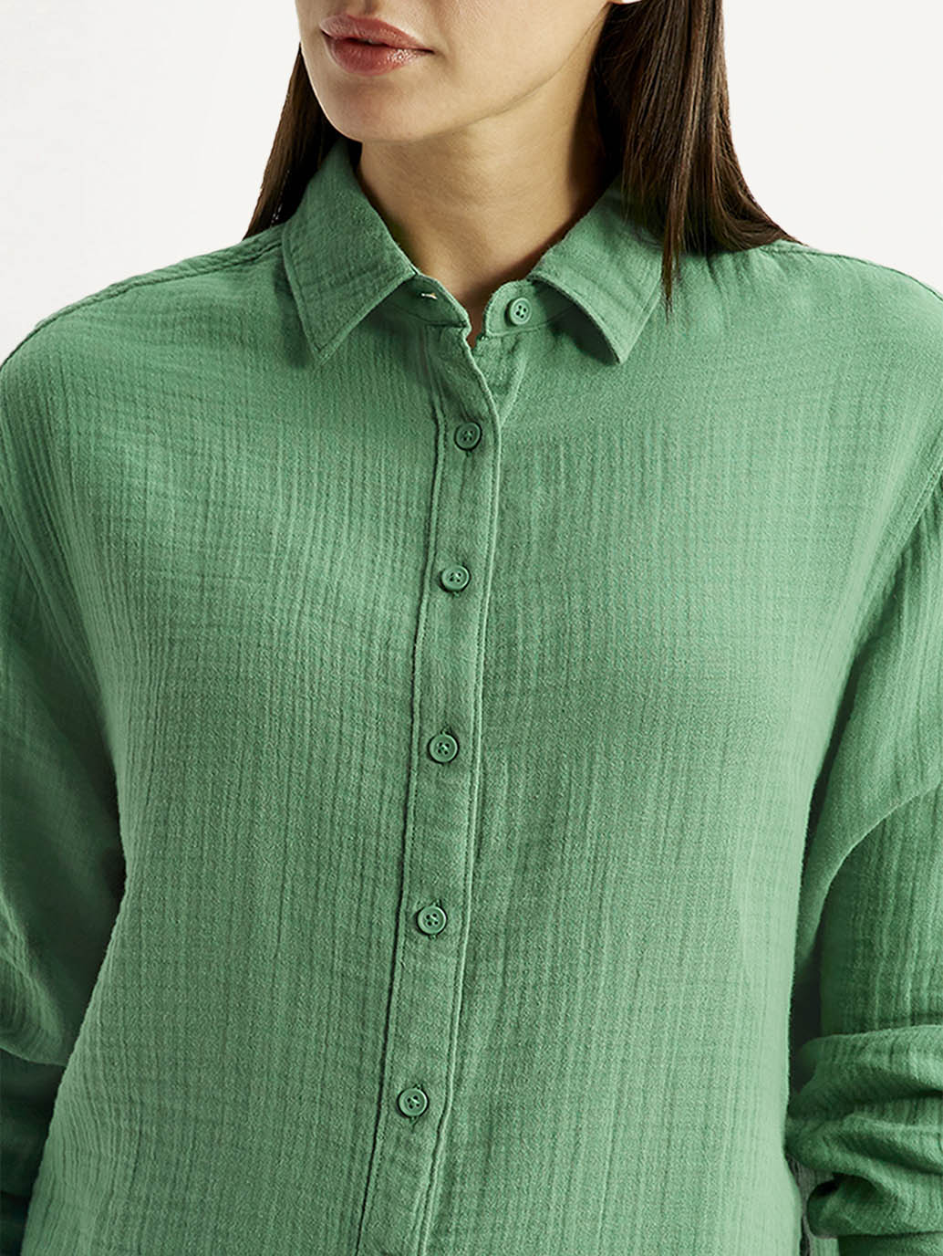 Women's Textured Green Relaxed Fit Shirt - Detail View