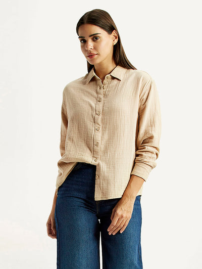 Women's Textured Beige Relaxed Fit Shirt