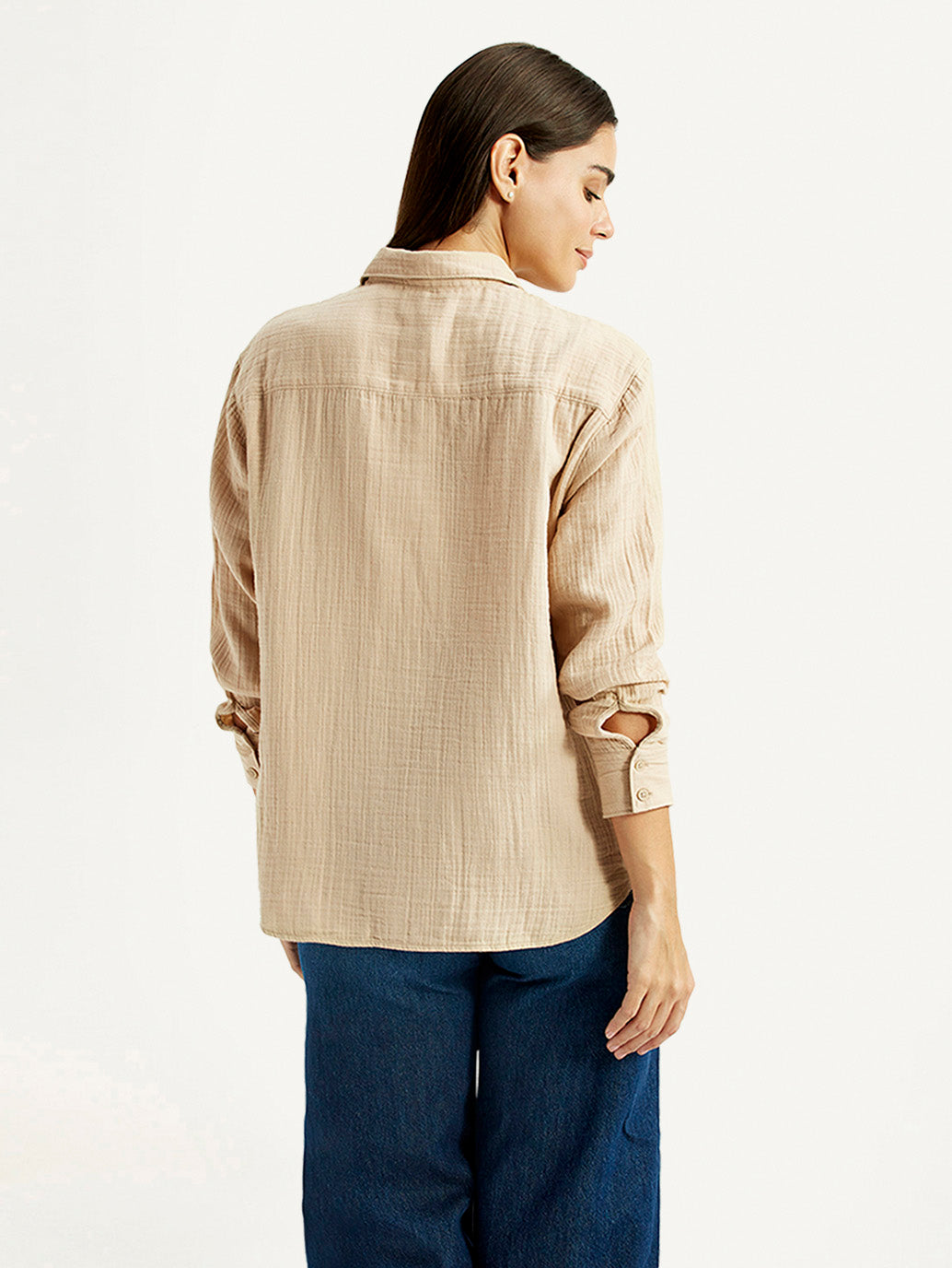 Women's Textured Beige Relaxed Fit Shirt - Back View