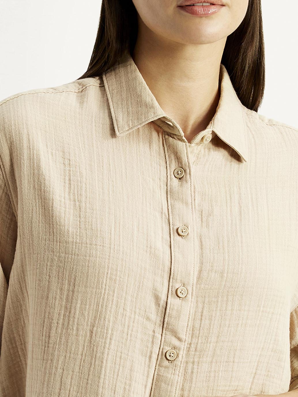 Women's Textured Beige Relaxed Fit Shirt - Detail View