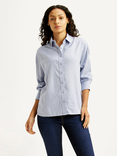 Women's Textured Light Blue Relaxed Fit Shirt