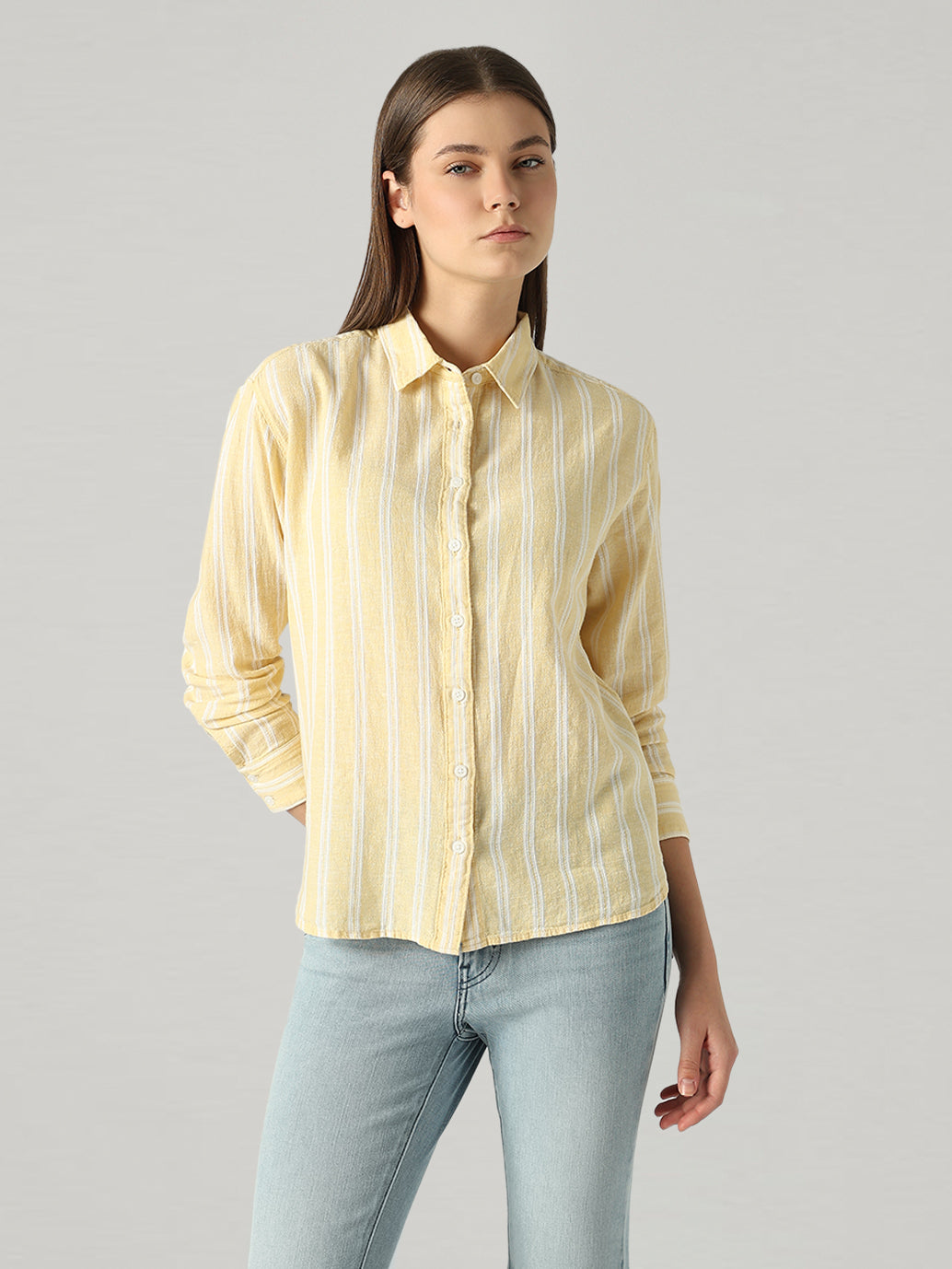 Women's Striped Relaxed Fit Linen Shirt - Front View