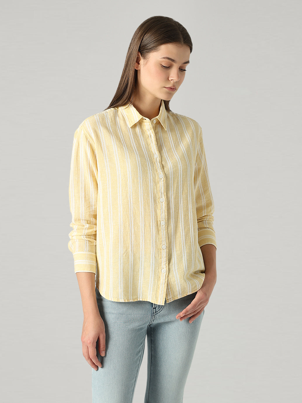 Women's Striped Relaxed Fit Linen Shirt - Side View