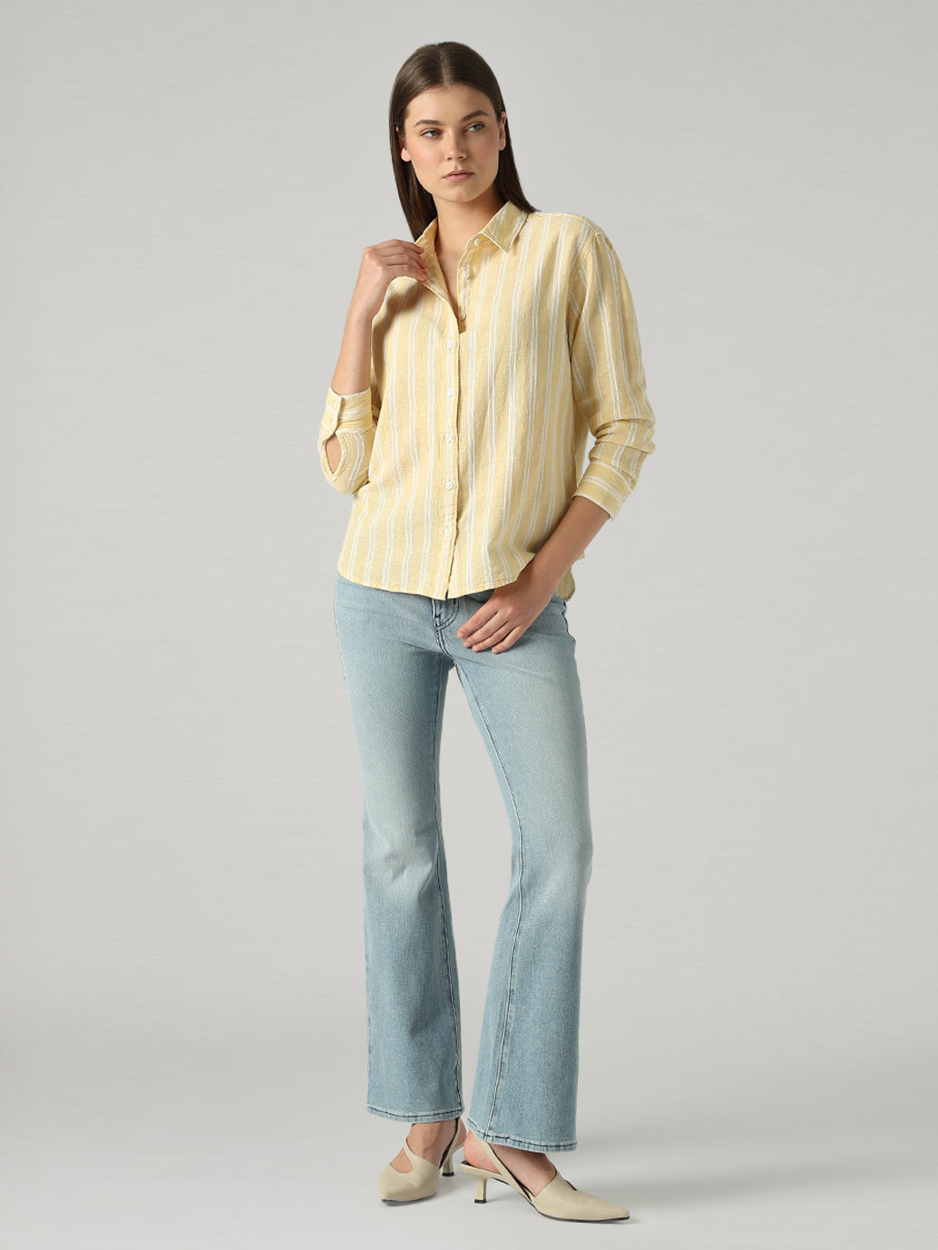 Women's Striped Relaxed Fit Linen Shirt - Full View