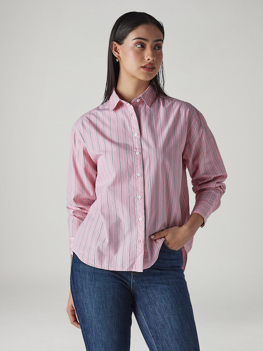 Women's Pink Striped Relaxed Fit Poplin Shirt