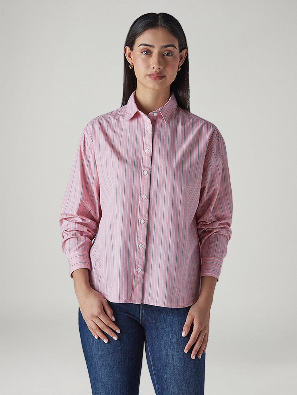 Women's Pink Striped Relaxed Fit Poplin Shirt - Front View