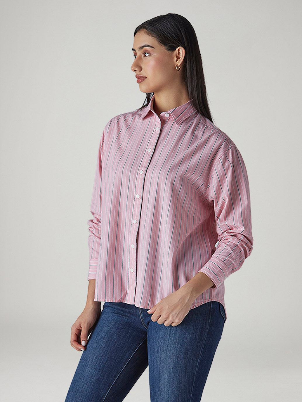 Women's Pink Striped Relaxed Fit Poplin Shirt - Side View