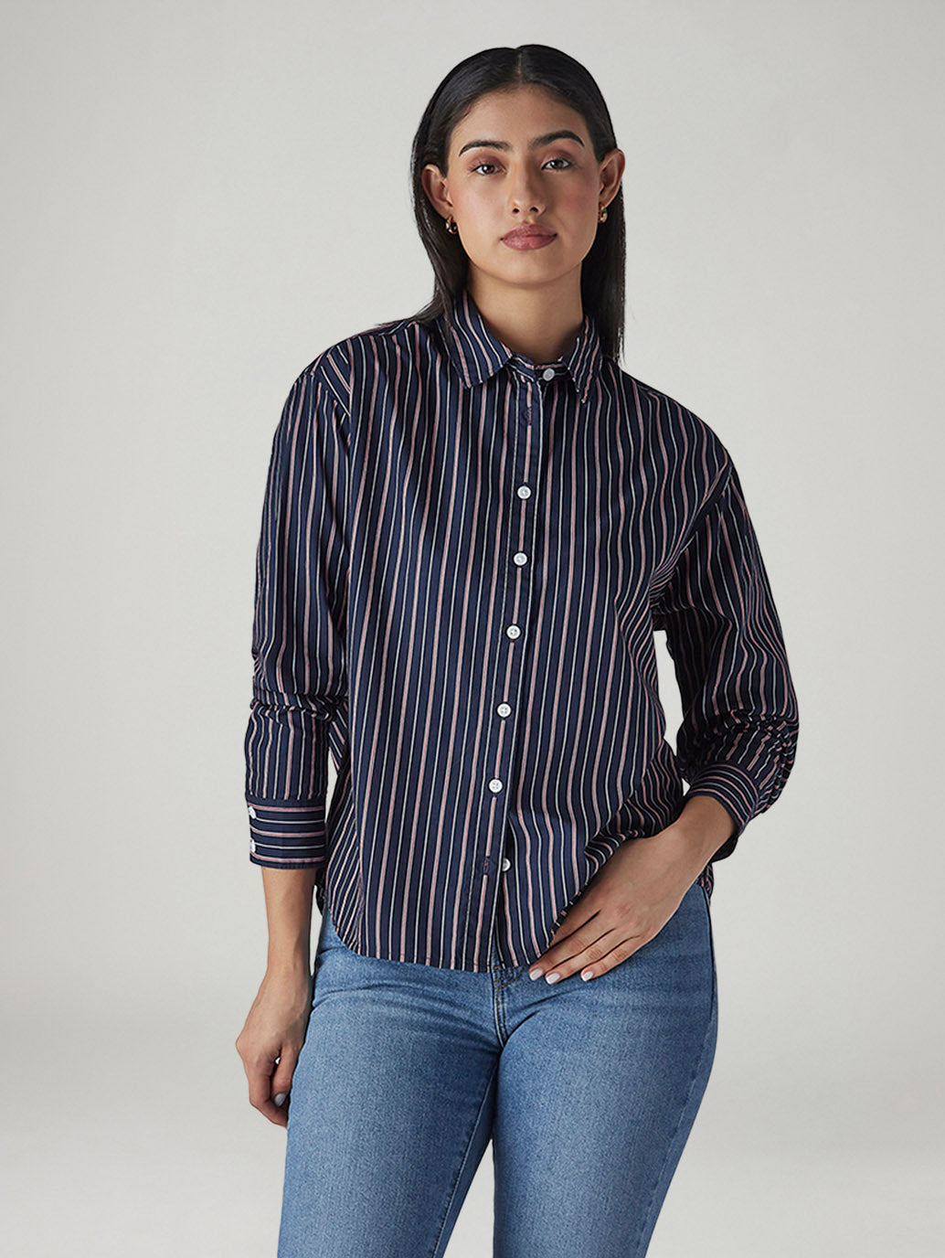 Women's Navy Striped Relaxed Fit Poplin Shirt