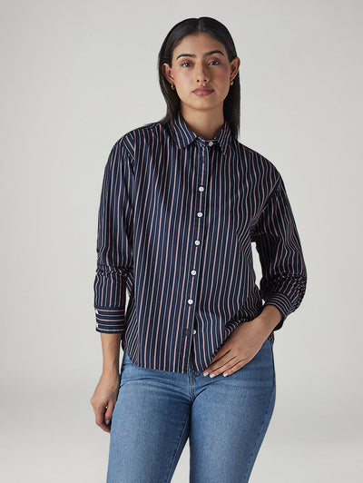 Women's Navy Striped Relaxed Fit Poplin Shirt