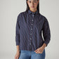 Women's Navy Striped Relaxed Fit Poplin Shirt - Front View