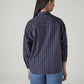 Women's Navy Striped Relaxed Fit Poplin Shirt - Back View