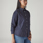Women's Navy Striped Relaxed Fit Poplin Shirt - Side View