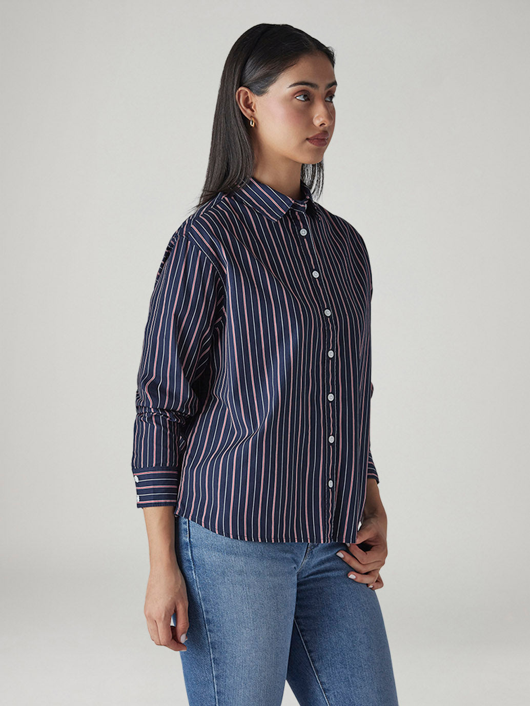 Women's Navy Striped Relaxed Fit Poplin Shirt - Side View