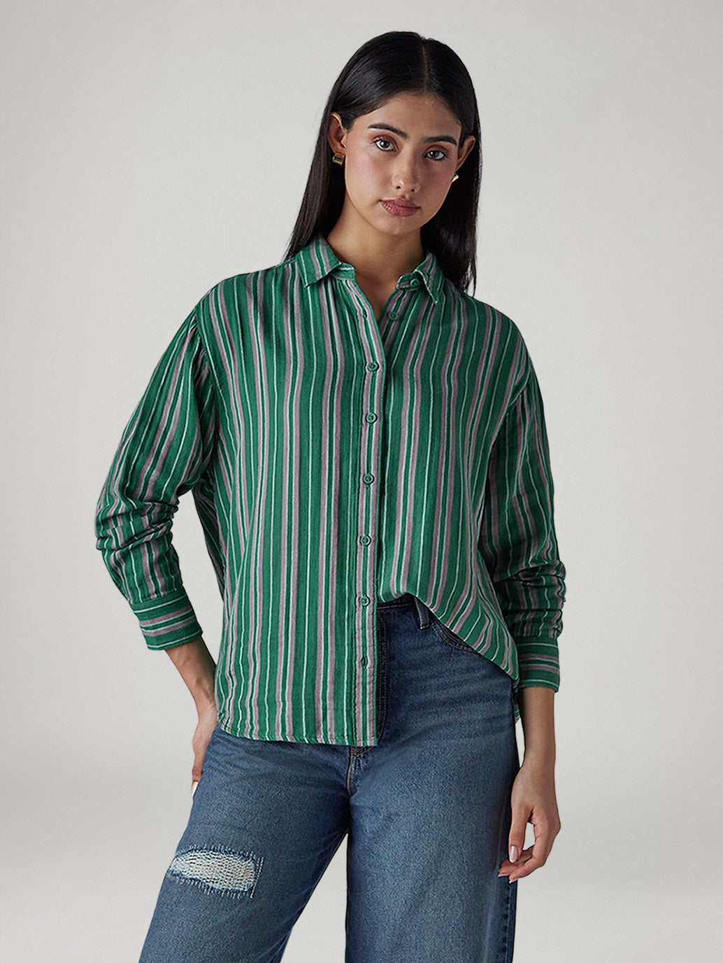 Women's Striped Relaxed Fit Double Cloth Shirt