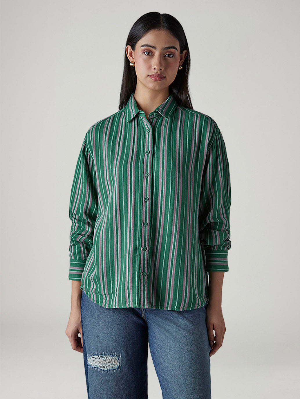 Women's Striped Relaxed Fit Double Cloth Shirt - Front View