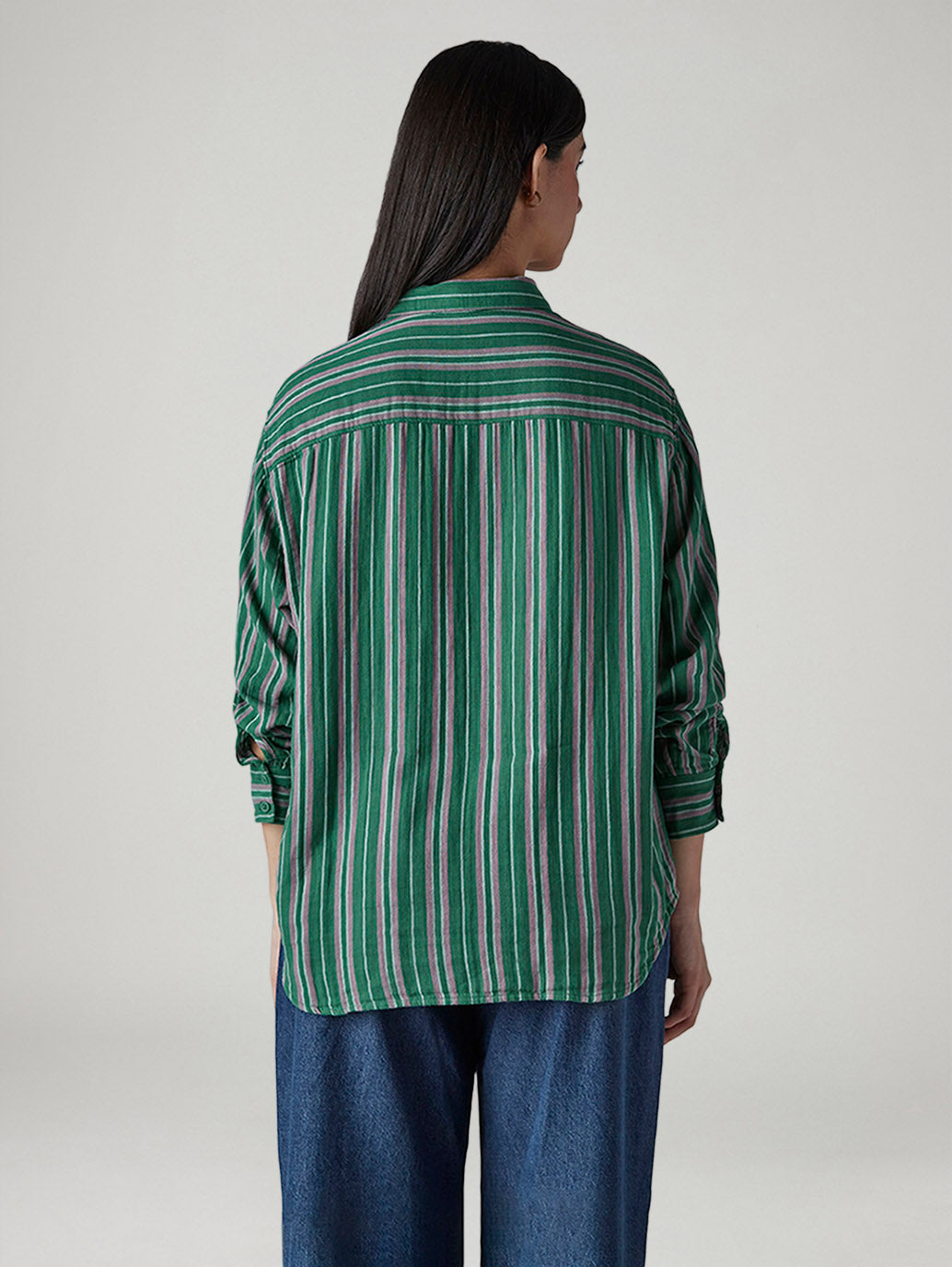 Women's Striped Relaxed Fit Double Cloth Shirt - Back View