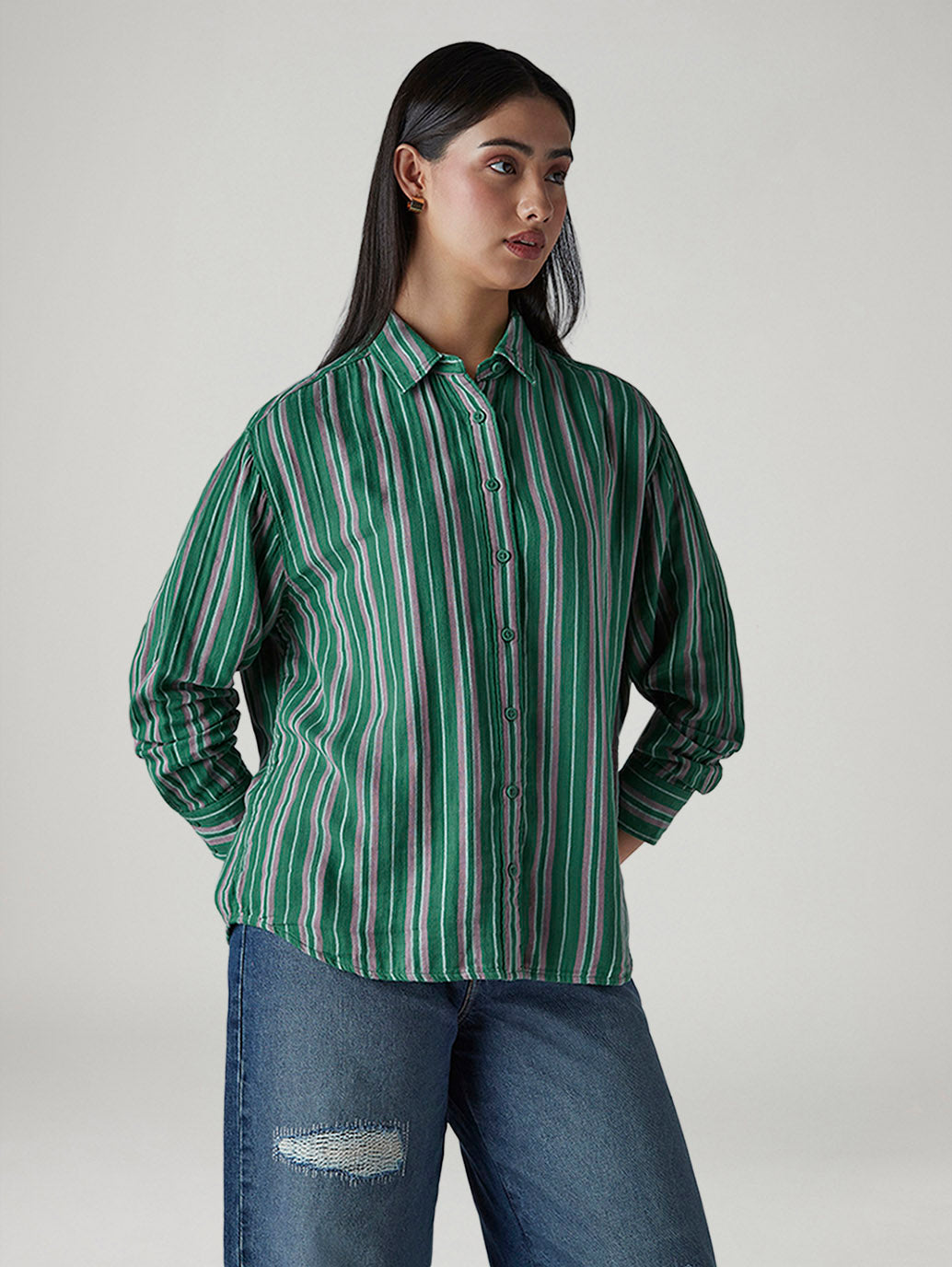 Women's Striped Relaxed Fit Double Cloth Shirt - Side View