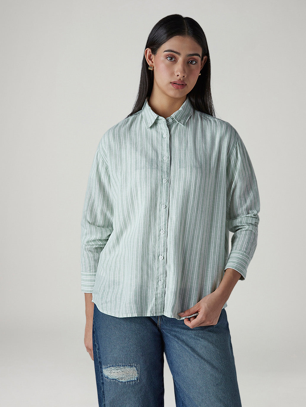 Women's Striped Relaxed Fit Linen Shirt - Front View