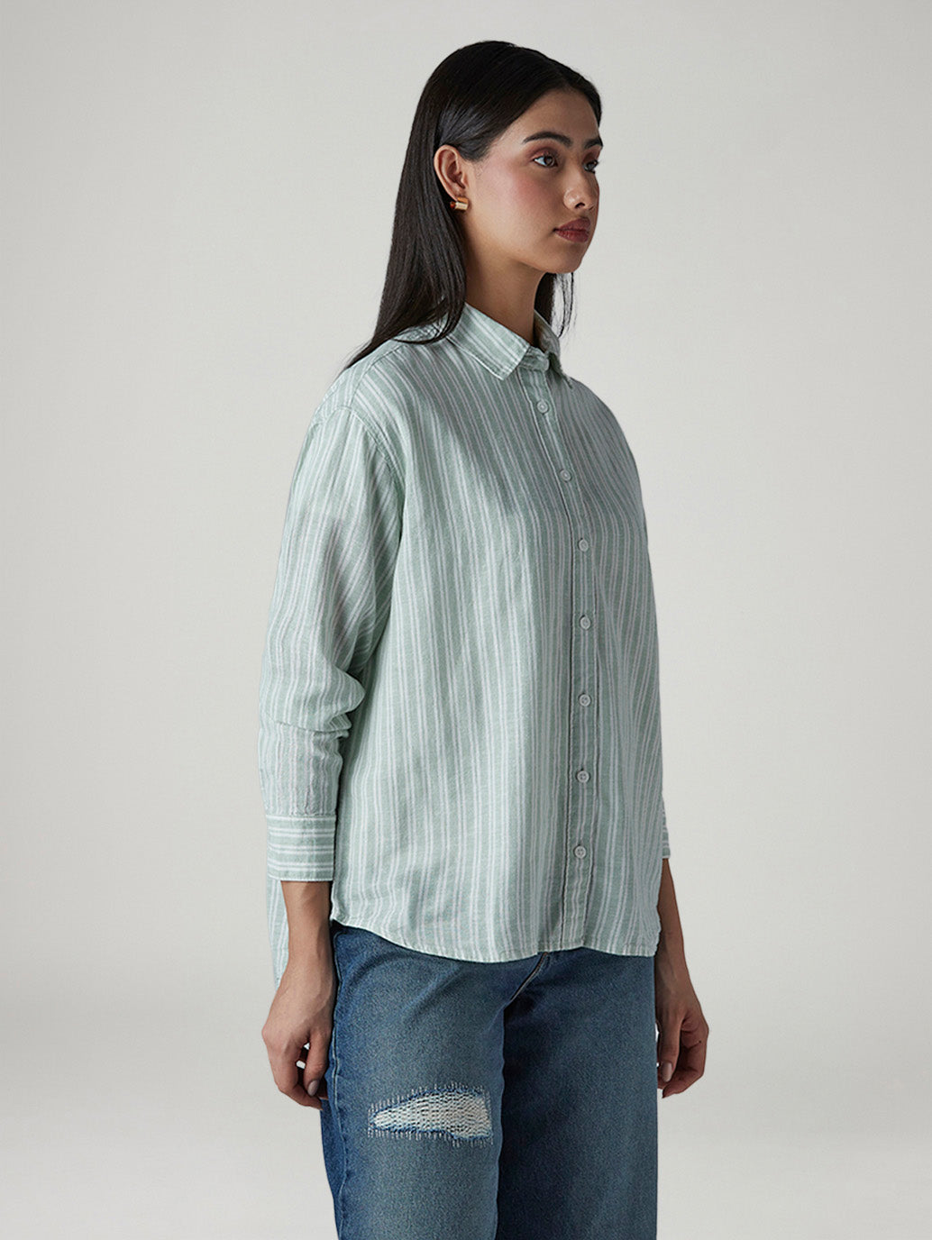 Women's Striped Relaxed Fit Linen Shirt - Side View