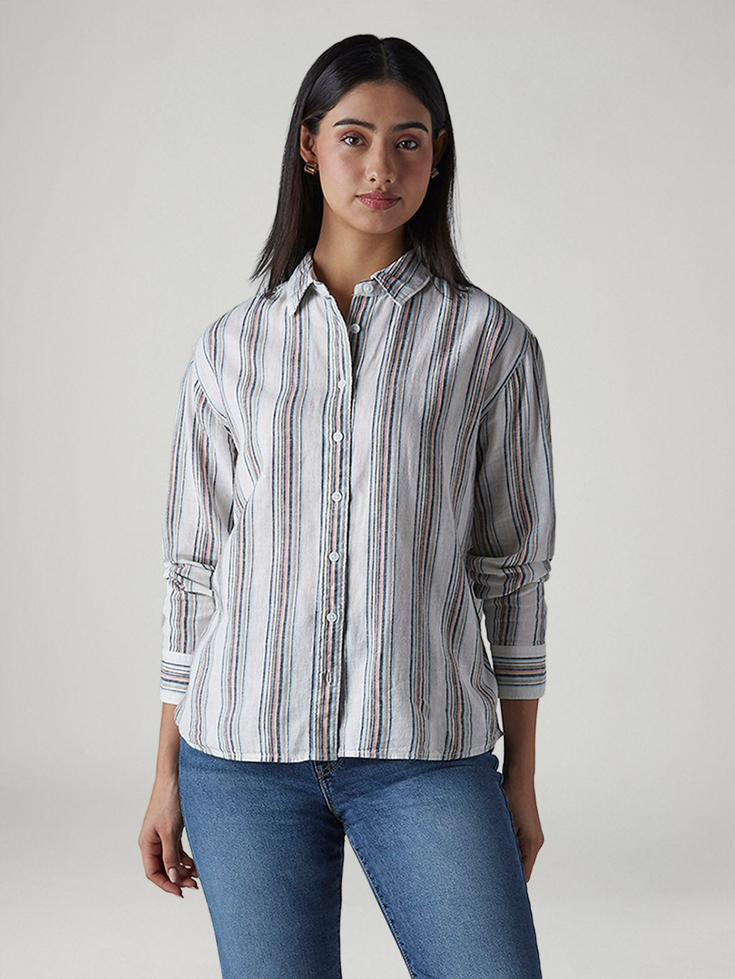 Women's Striped Relaxed Fit Linen Shirt - Styleshot View