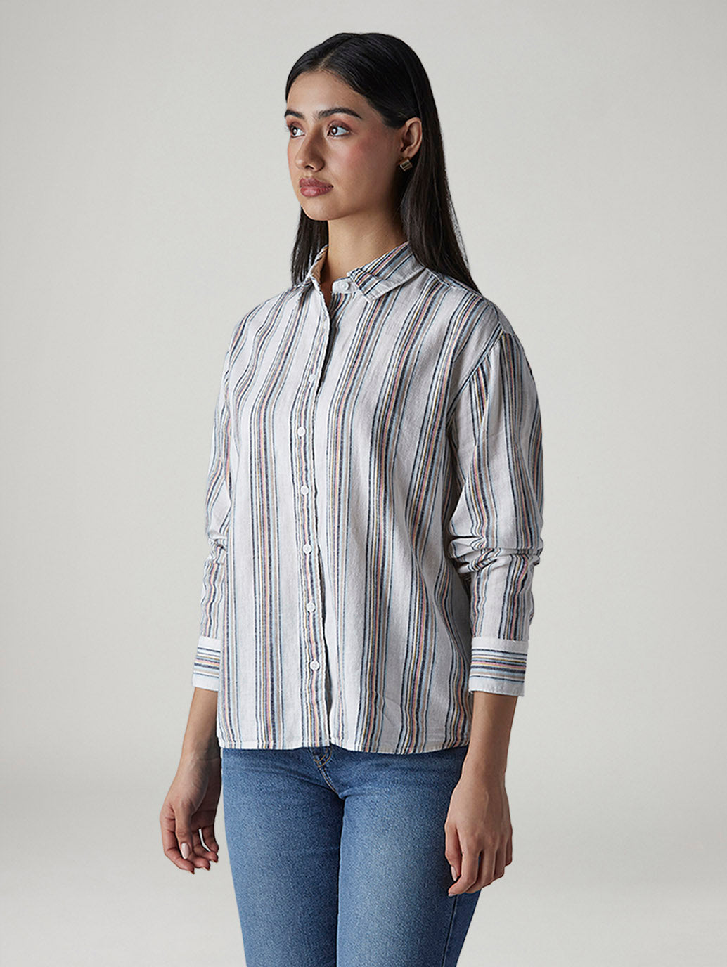 Women's Striped Relaxed Fit Linen Shirt - Side View
