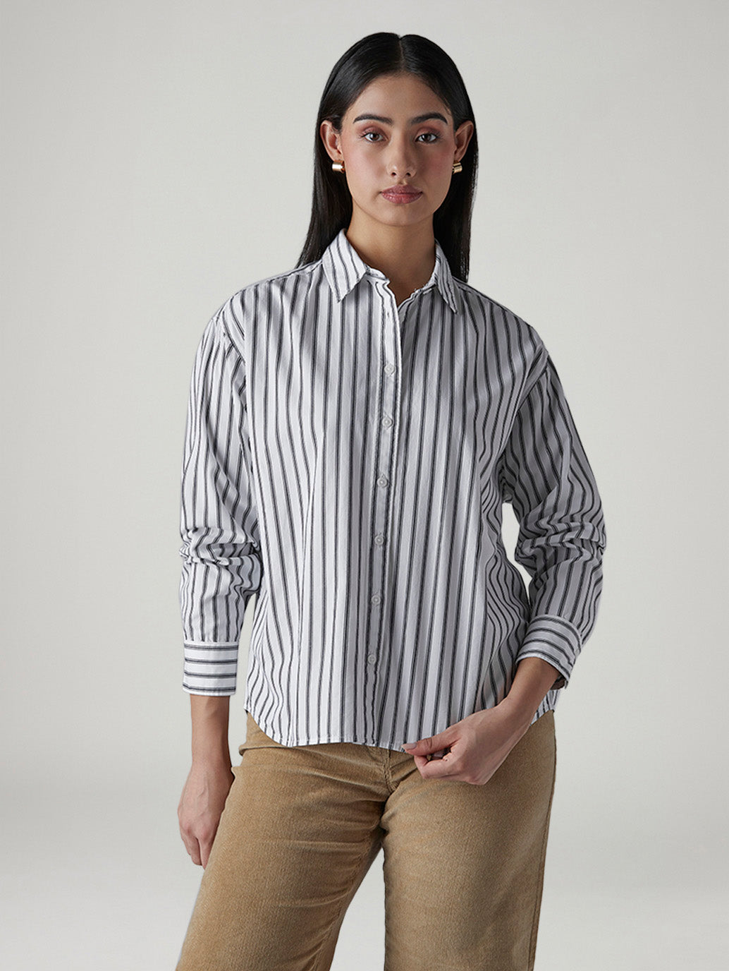 Women's Striped Relaxed Fit Poplin Shirt - Front View