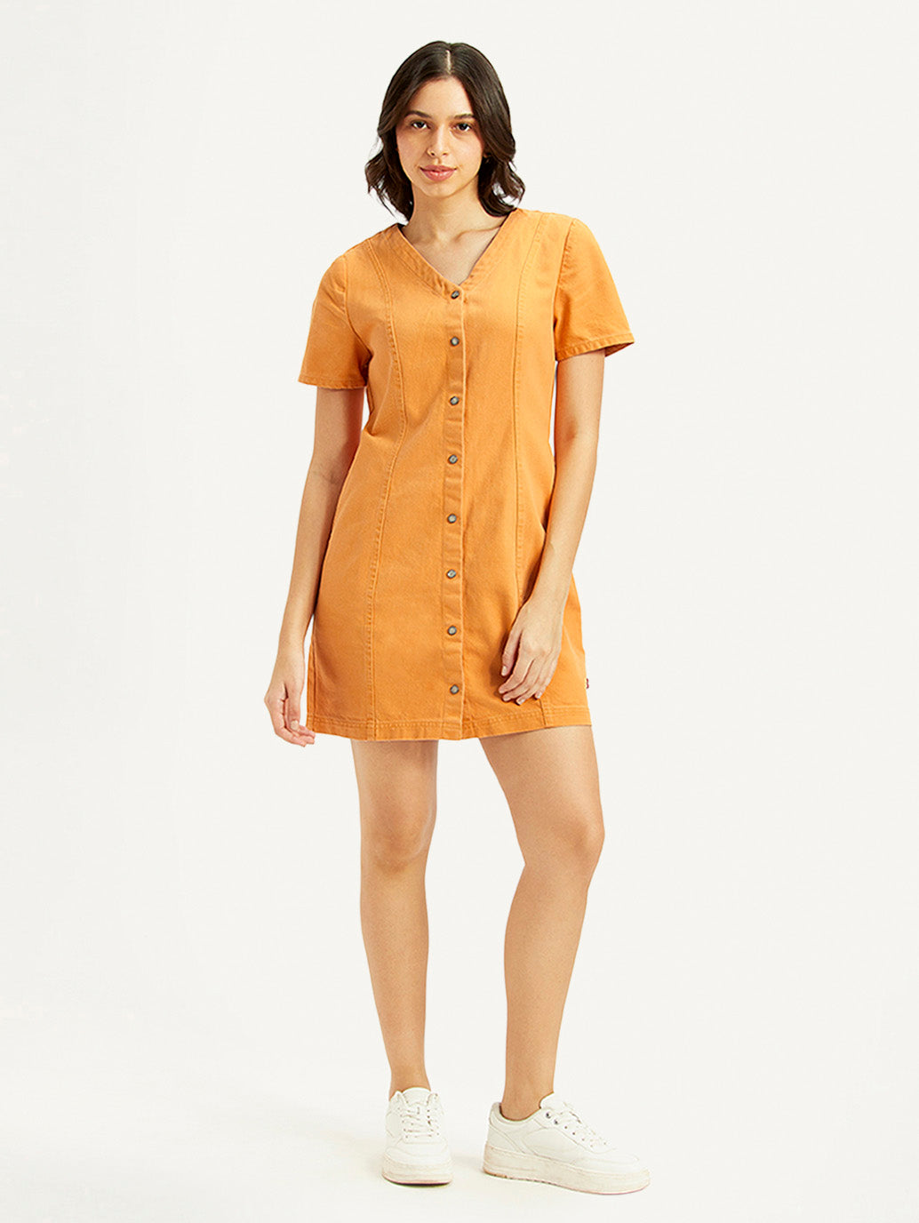 Women's Solid Orange V-Neck Dress - Front View