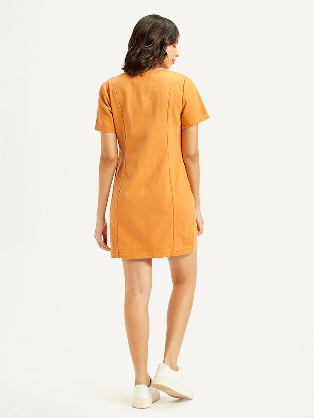 Women's Solid Orange V-Neck Dress - back View