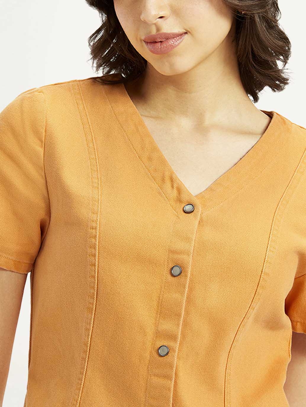 Women's Solid Orange V-Neck Dress - Detail View