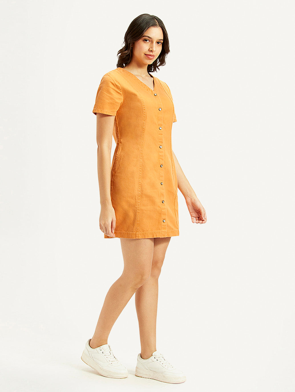 Women's Solid Orange V-Neck Dress - Side View