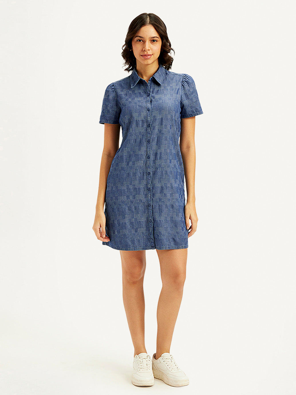 Women's Printed Blue Shirt Collar Dress - Front View