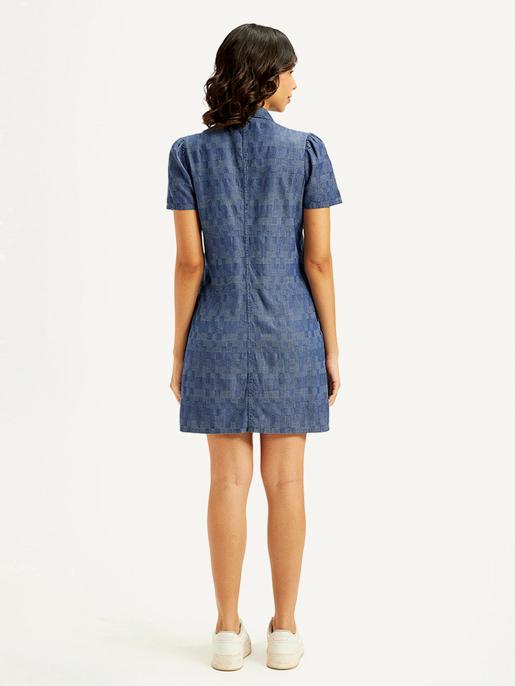Women's Printed Blue Shirt Collar Dress - Back View