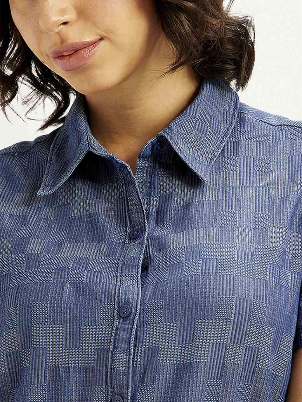 Women's Printed Blue Shirt Collar Dress - Detail View