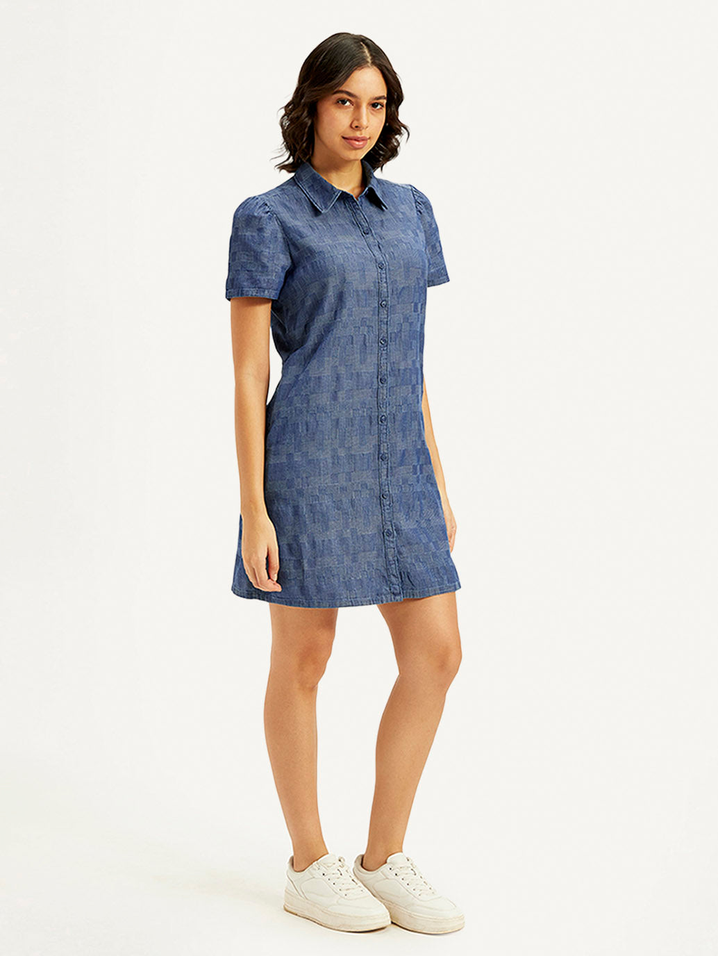 Women's Printed Blue Shirt Collar Dress - Side View