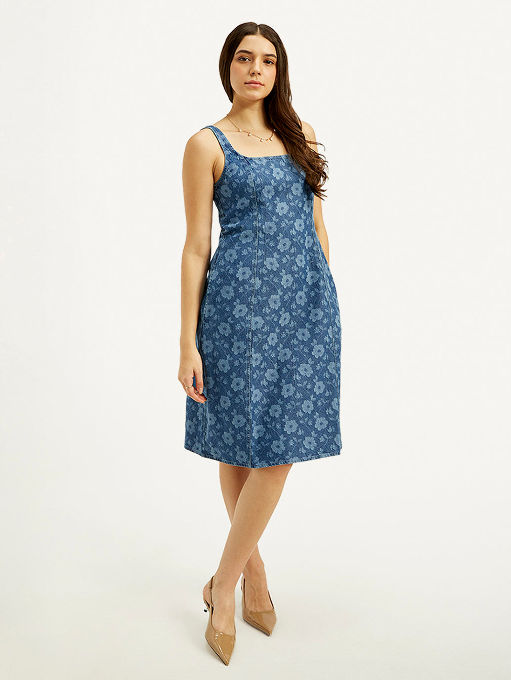 Women's Floral Blue Square Neck Denim Dress - Styleshot View