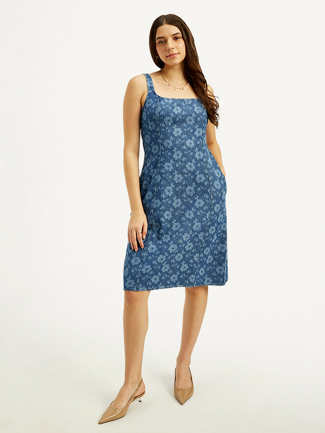 Women's Floral Blue Square Neck Denim Dress - Front View