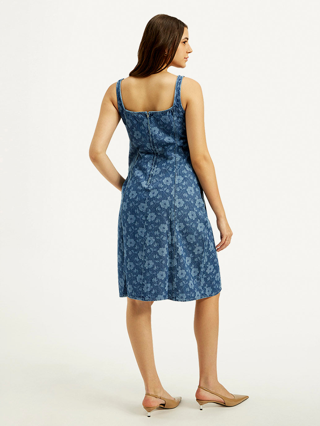 Women's Floral Blue Square Neck Denim Dress - Back View