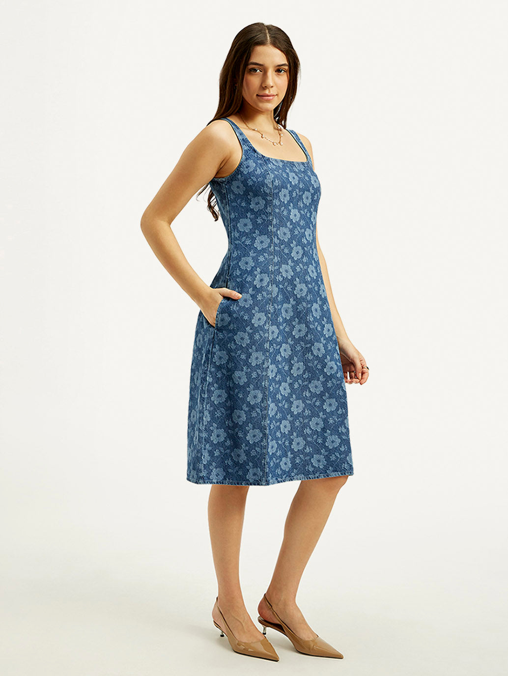 Women's Floral Blue Square Neck Denim Dress - Side View