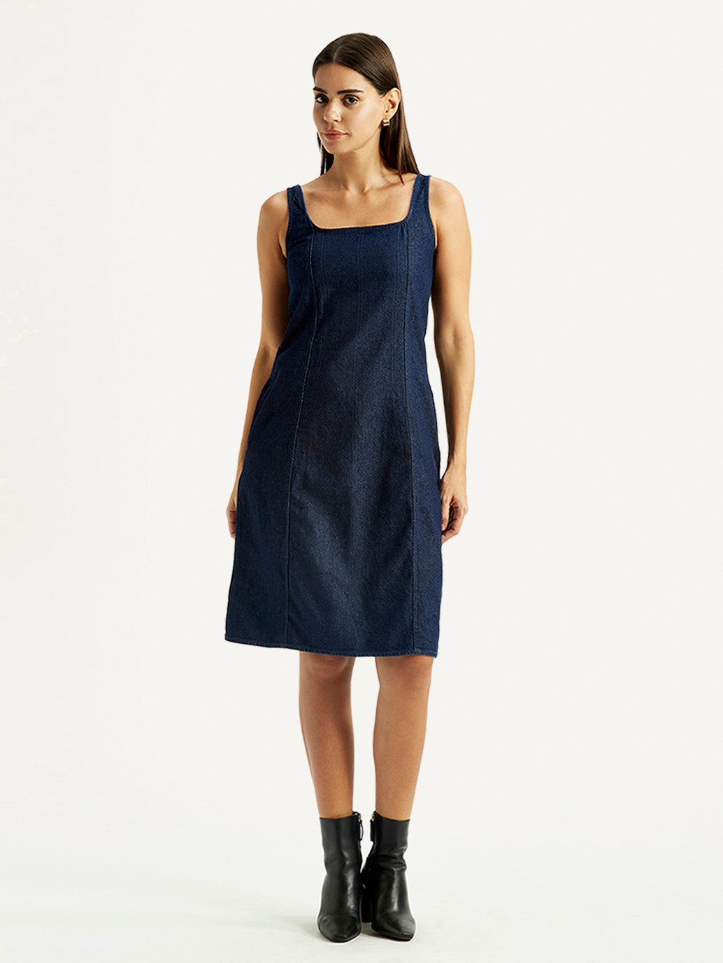 Women's Solid Dark Blue Square Neck Dress - Styleshot View