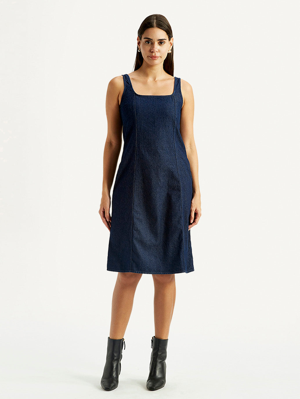 Women's Solid Dark Blue Square Neck Denim Dress