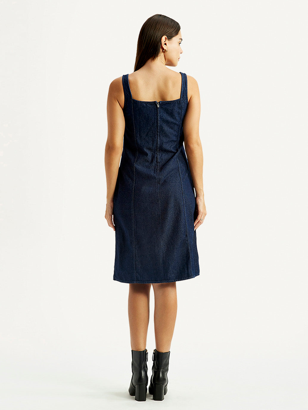 Women's Solid Dark Blue Square Neck Dress - Back View