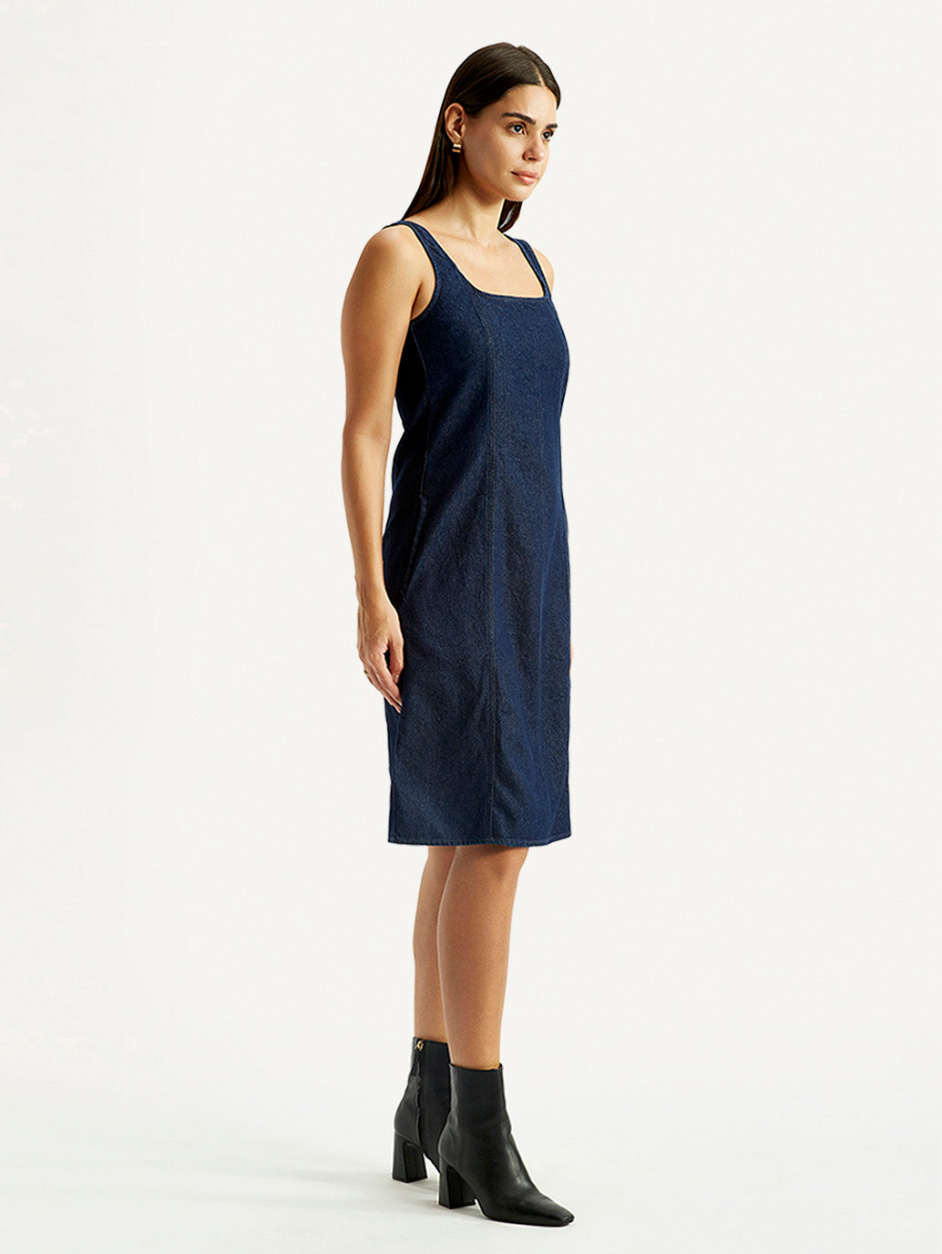 Women's Solid Dark Blue Square Neck Dress - Side View