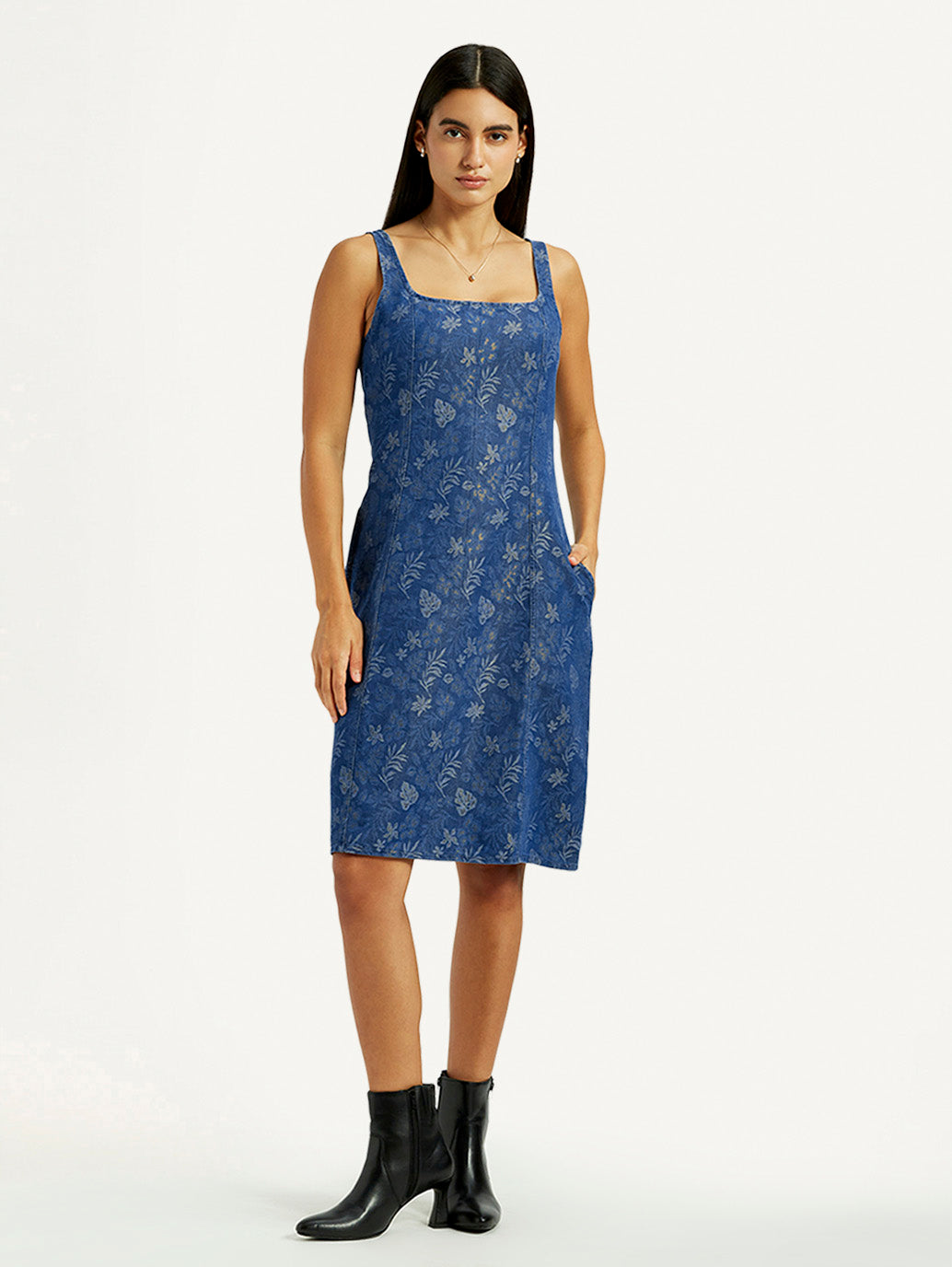 Women's Floral Blue Square Neck Dress - Styleshot View