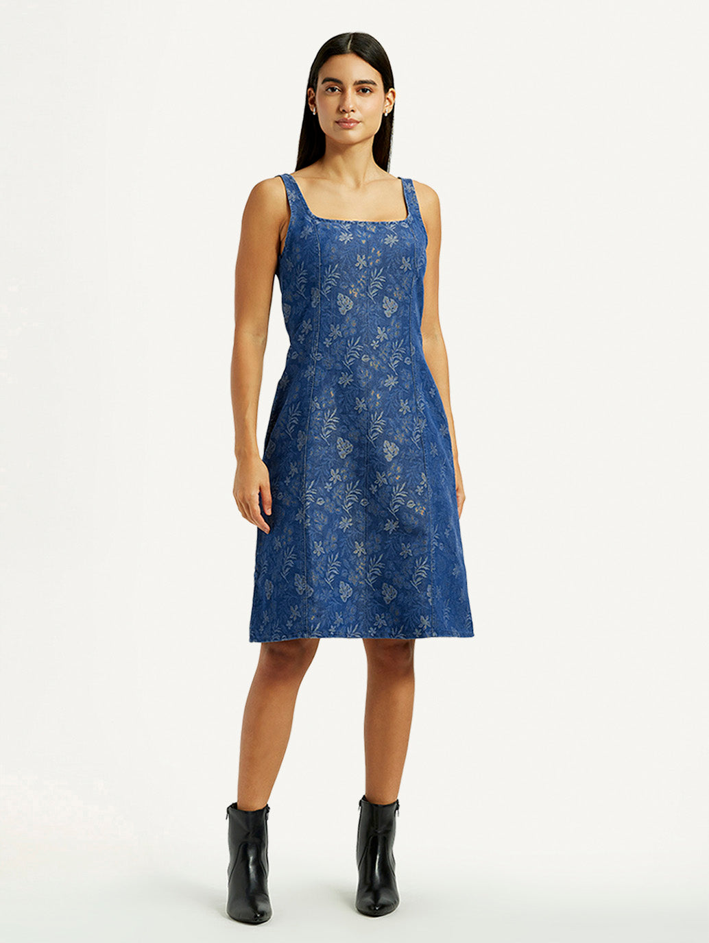 Women's Floral Blue Square Neck Dress - Front View